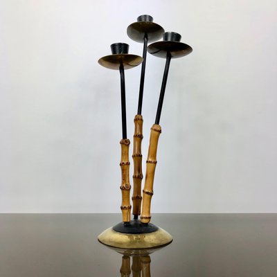 Bamboo & Brass Candleholder, Italy, 1970s-LYQ-1171776