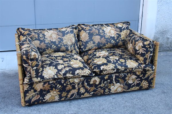 Bamboo Canne and Fabric Sofa with Flowers, Italy, 1970s-EH-1426495