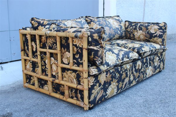 Bamboo Canne and Fabric Sofa with Flowers, Italy, 1970s-EH-1426495