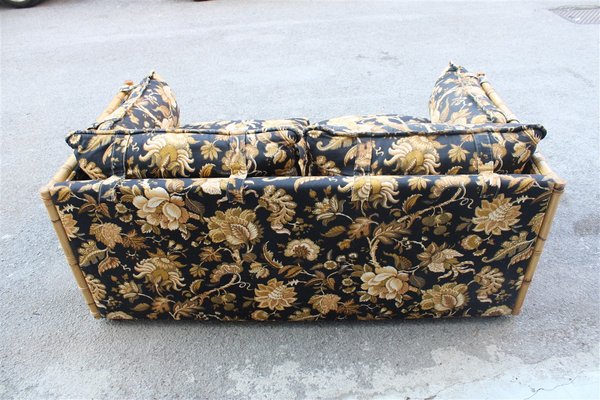 Bamboo Canne and Fabric Sofa with Flowers, Italy, 1970s-EH-1426495