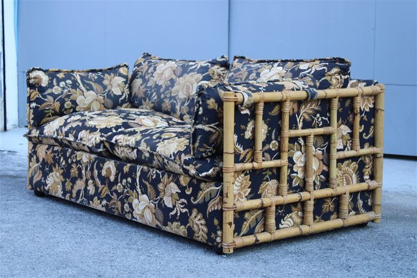 Bamboo Canne and Fabric Sofa with Flowers, Italy, 1970s-EH-1426495