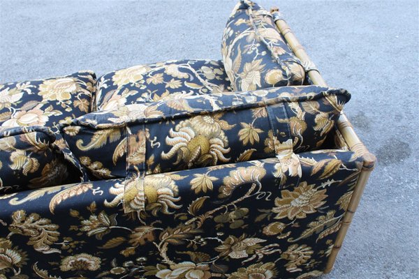 Bamboo Canne and Fabric Sofa with Flowers, Italy, 1970s-EH-1426495