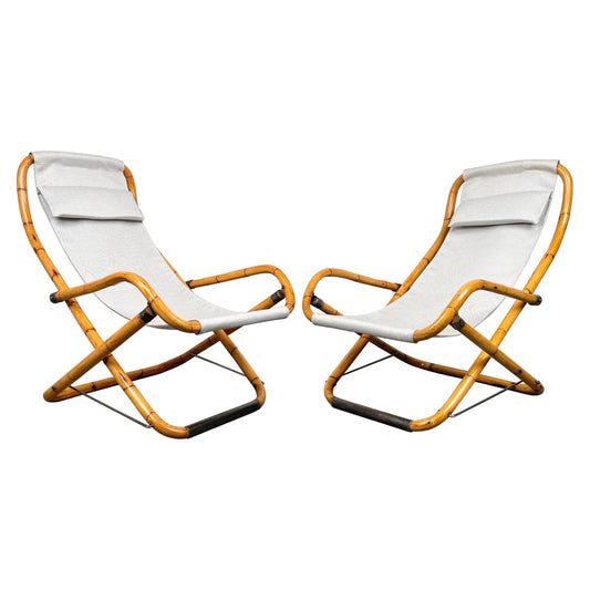 Bamboo, Iron & Fabric Folding Lounge Deck Chair, Italy, 1960s, Set of 2