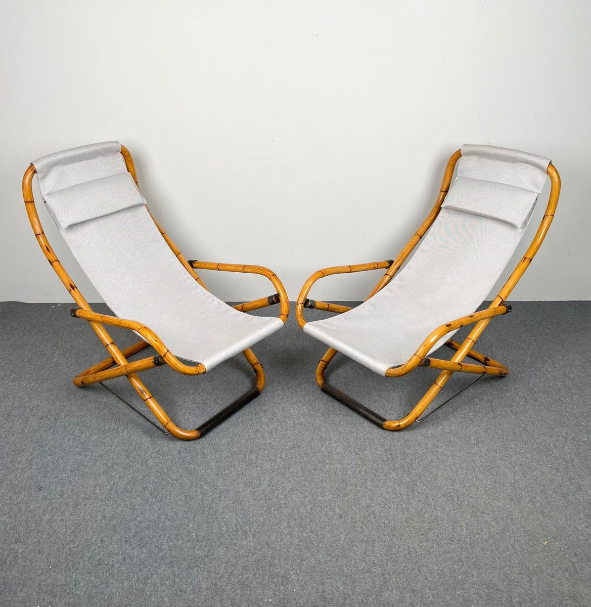 Bamboo, Iron & Fabric Folding Lounge Deck Chair, Italy, 1960s, Set of 2