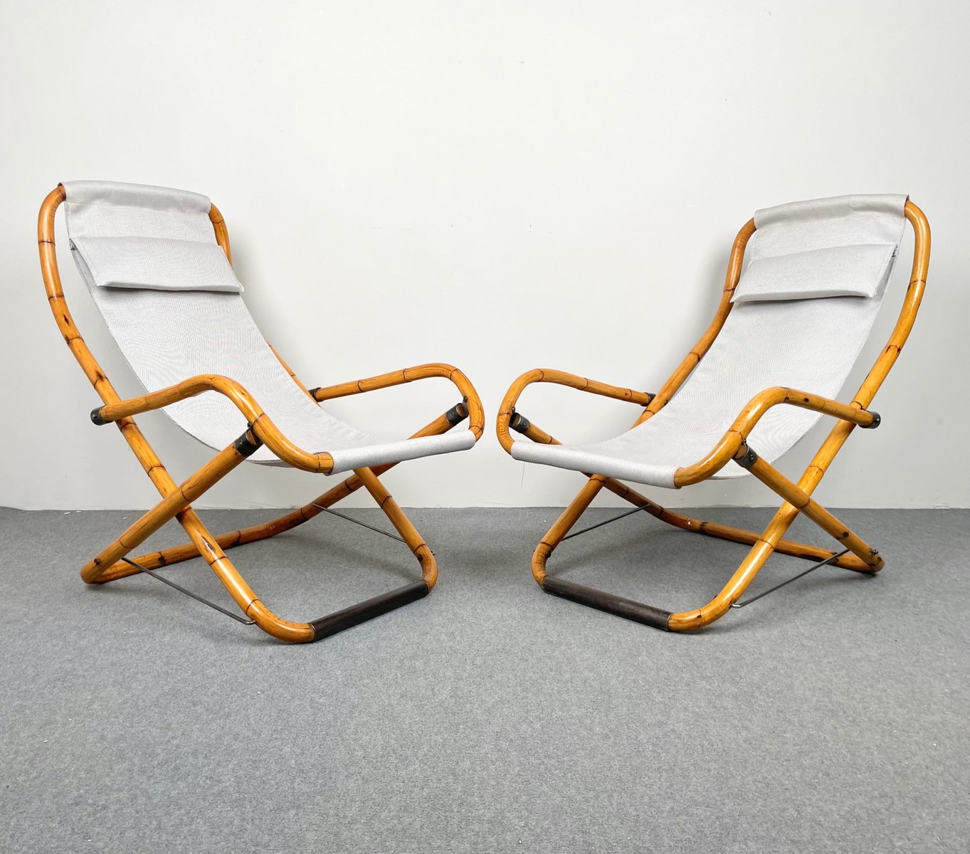 Bamboo, Iron & Fabric Folding Lounge Deck Chair, Italy, 1960s, Set of 2-LYQ-1171419