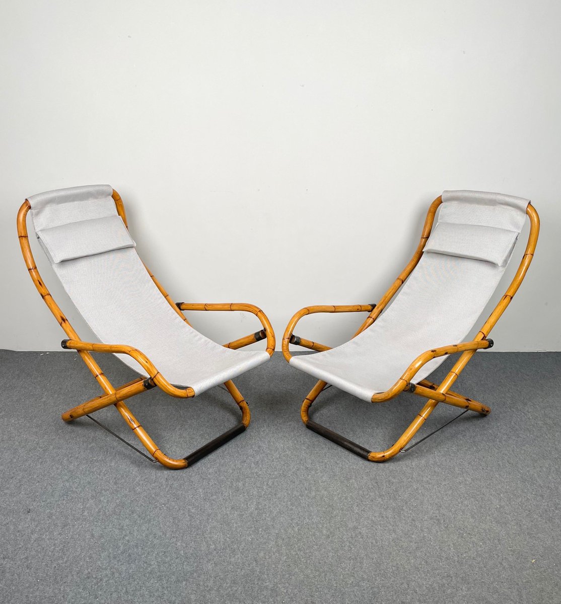 Bamboo, Iron & Fabric Folding Lounge Deck Chair, Italy, 1960s, Set of 2-LYQ-1171419