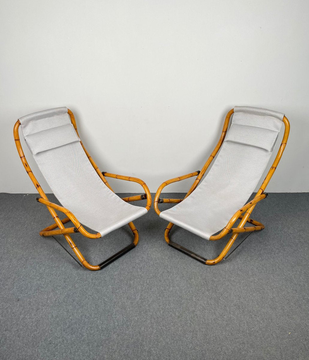 Bamboo, Iron & Fabric Folding Lounge Deck Chair, Italy, 1960s, Set of 2-LYQ-1171419