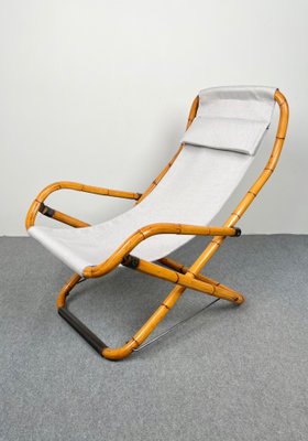 Bamboo, Iron & Fabric Folding Lounge Deck Chair, Italy, 1960s, Set of 2-LYQ-1171419