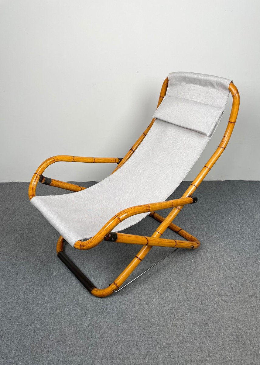 Bamboo, Iron & Fabric Folding Lounge Deck Chair, Italy, 1960s, Set of 2-LYQ-1171419