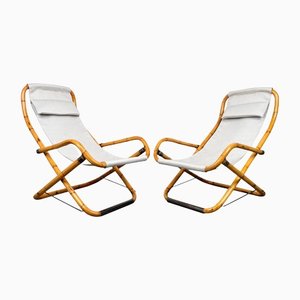 Bamboo, Iron & Fabric Folding Lounge Deck Chair, Italy, 1960s, Set of 2-LYQ-1171419