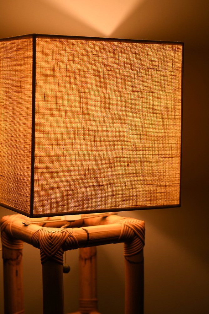 Bamboo Lamp with Fabric Lampshade, 1980s