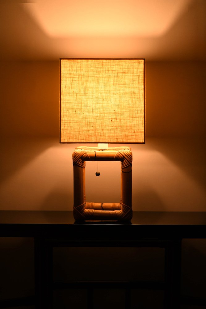 Bamboo Lamp with Fabric Lampshade, 1980s