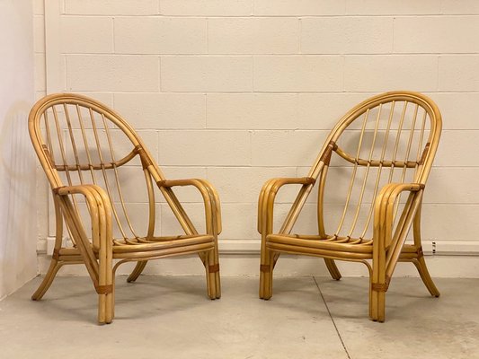 Bamboo & Leather Armchairs, 1980s, Set of 2-NPC-1332339