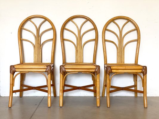 Bamboo & Leather Dining Chairs, 1970s, Set of 3-NPC-1329161