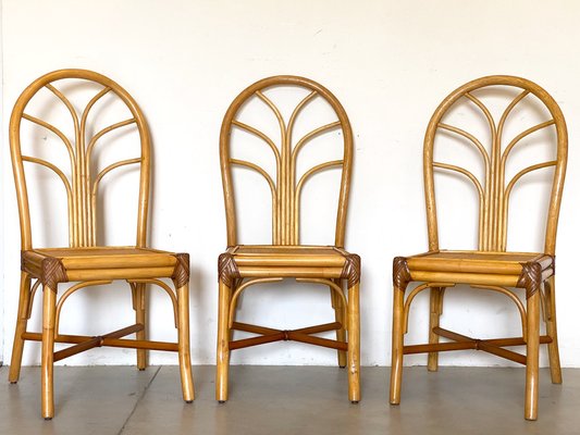 Bamboo & Leather Dining Chairs, 1970s, Set of 3-NPC-1329161