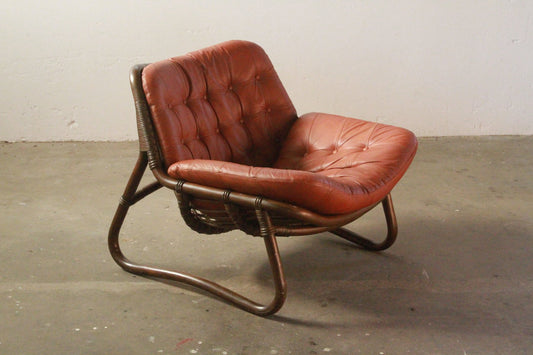 Bamboo & Leather Lounge Chairs, Denmark, 1970s, Set of 2