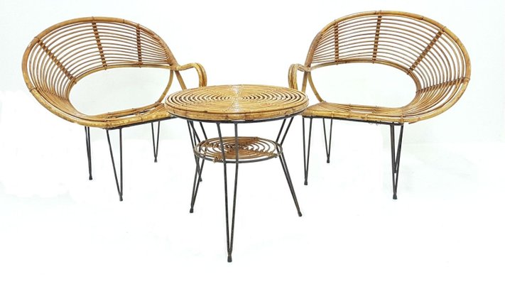 Bamboo Lounge Chairs and Table by Janine Abraham & Dirk Jan Rol, 1950s, Set of 3-FIP-1154786