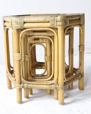 Bamboo & Raffia Hexagonal Nesting Tables, 1960s, Set of 3-OXJ-762390