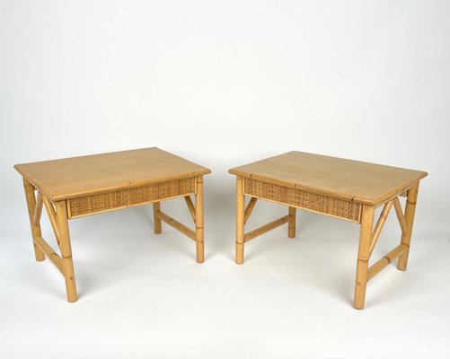 Bamboo, Rattan and Wood Coffee Tables, Italy, 1980s, Set of 2-LYQ-1331226