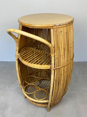 Bamboo Rattan Barrel Bar Cart Cabinet, Italy, 1960s-LYQ-1171561