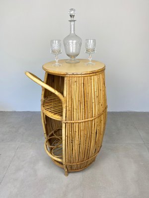 Bamboo Rattan Barrel Bar Cart Cabinet, Italy, 1960s-LYQ-1171561