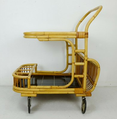 Bamboo, Rattan & Black Formica Trolley with Magazine Rack from FM, 1950s-FH-838215