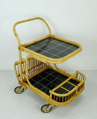 Bamboo, Rattan & Black Formica Trolley with Magazine Rack from FM, 1950s-FH-838215