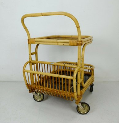 Bamboo, Rattan & Black Formica Trolley with Magazine Rack from FM, 1950s-FH-838215