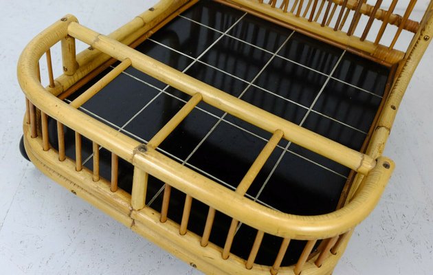 Bamboo, Rattan & Black Formica Trolley with Magazine Rack from FM, 1950s-FH-838215