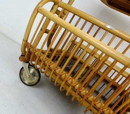 Bamboo, Rattan & Black Formica Trolley with Magazine Rack from FM, 1950s-FH-838215