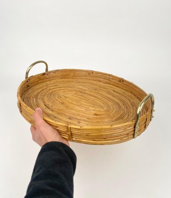 Bamboo, Rattan & Brass Oval Serving Tray, Italy, 1970s-LYQ-1174402