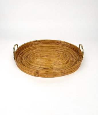 Bamboo, Rattan & Brass Oval Serving Tray, Italy, 1970s-LYQ-1174402