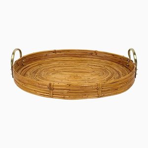 Bamboo, Rattan & Brass Oval Serving Tray, Italy, 1970s-LYQ-1174402