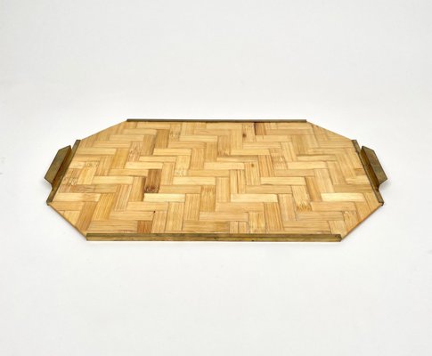 Bamboo Rattan & Brass Serving Tray, Italy, 1970s-LYQ-1171427