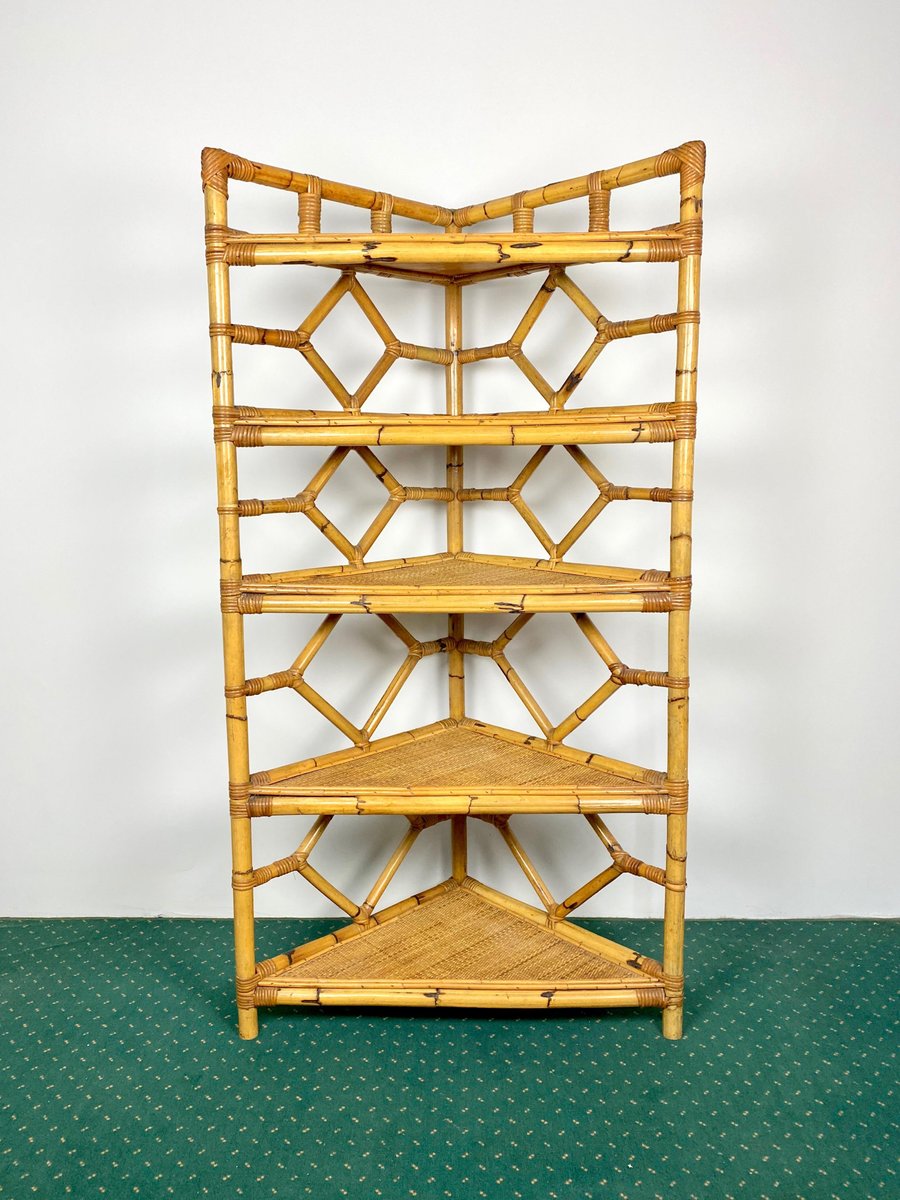 Bamboo & Rattan Corner Cupboard Bookcase from Vivai Del Sud, Italy, 1970s