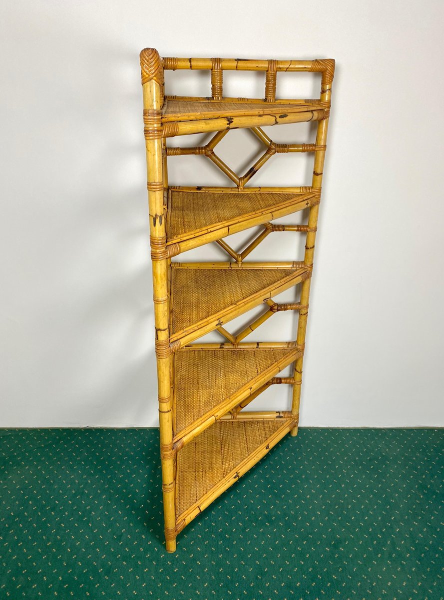 Bamboo & Rattan Corner Cupboard Bookcase from Vivai Del Sud, Italy, 1970s