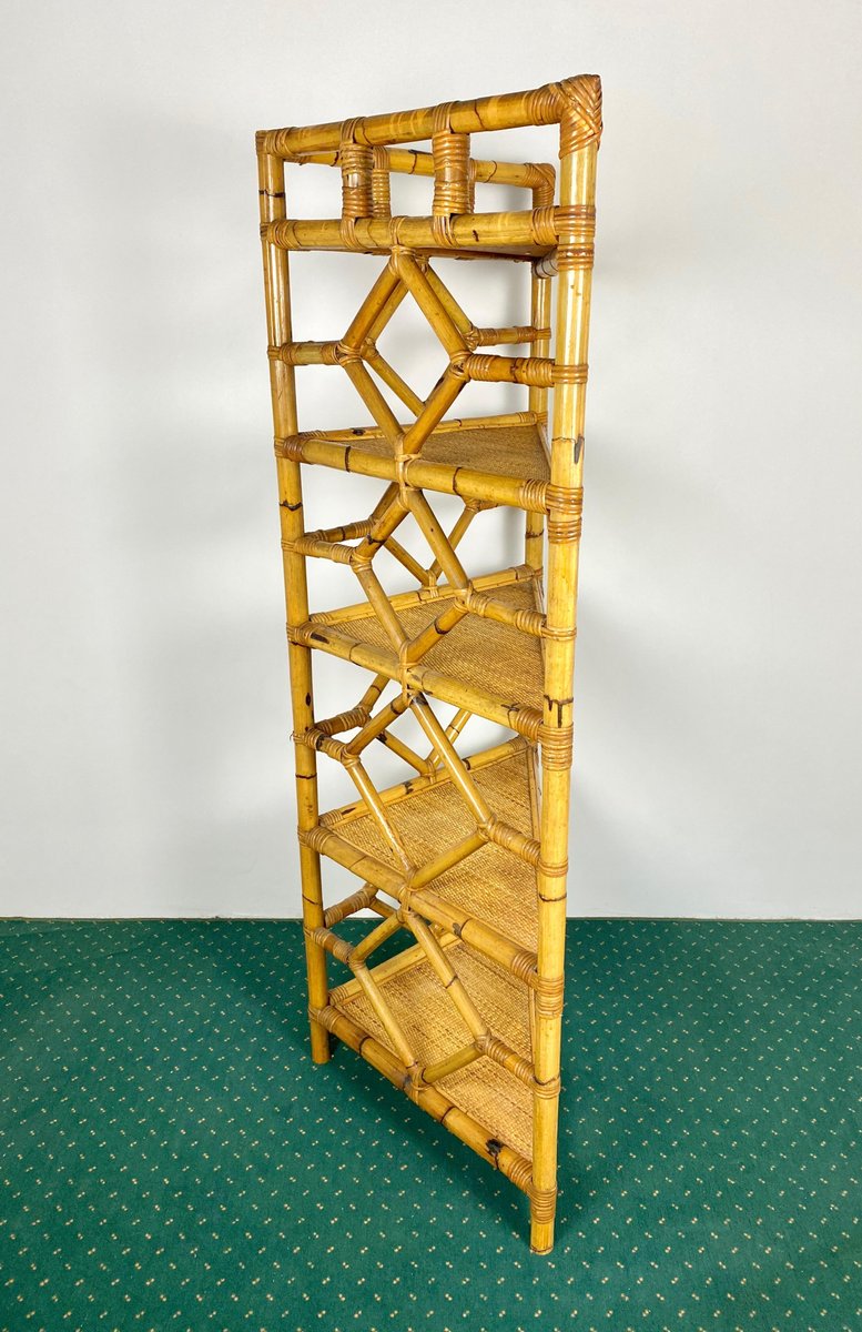 Bamboo & Rattan Corner Cupboard Bookcase from Vivai Del Sud, Italy, 1970s