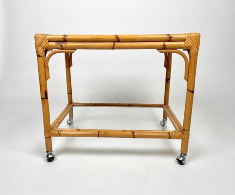 Bamboo, Rattan & Glass Serving Cart Bar Trolley, Italy, 1960s-LYQ-1171309