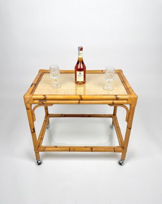 Bamboo, Rattan & Glass Serving Cart Bar Trolley, Italy, 1960s-LYQ-1171309