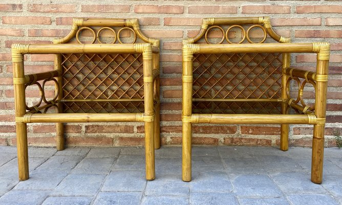 Bamboo & Rattan Nightstands with Low Glass Shelves, Italy, 1960s, Set of 2-NOU-1275385