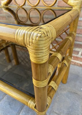 Bamboo & Rattan Nightstands with Low Glass Shelves, Italy, 1960s, Set of 2-NOU-1275385