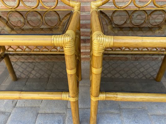 Bamboo & Rattan Nightstands with Low Glass Shelves, Italy, 1960s, Set of 2-NOU-1275385