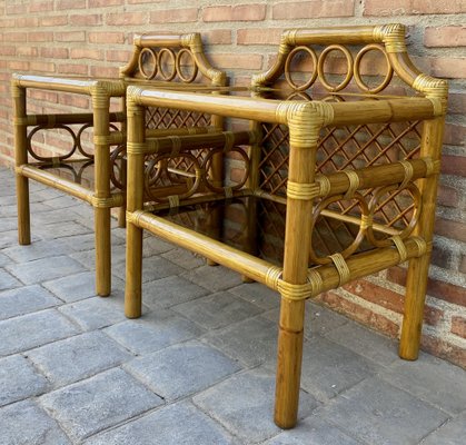 Bamboo & Rattan Nightstands with Low Glass Shelves, Italy, 1960s, Set of 2-NOU-1275385