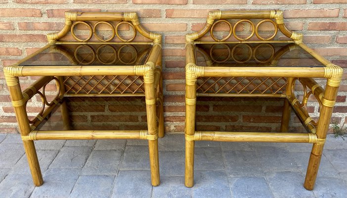 Bamboo & Rattan Nightstands with Low Glass Shelves, Italy, 1960s, Set of 2-NOU-1275385