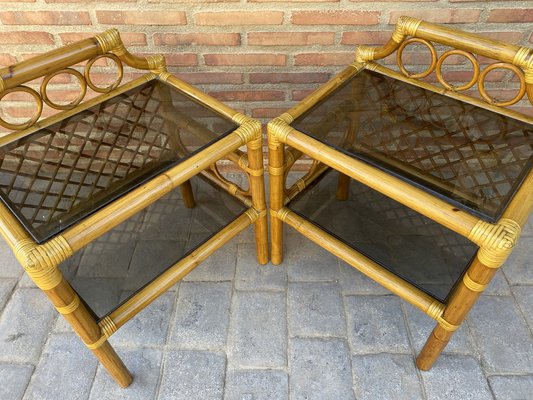 Bamboo & Rattan Nightstands with Low Glass Shelves, Italy, 1960s, Set of 2-NOU-1275385