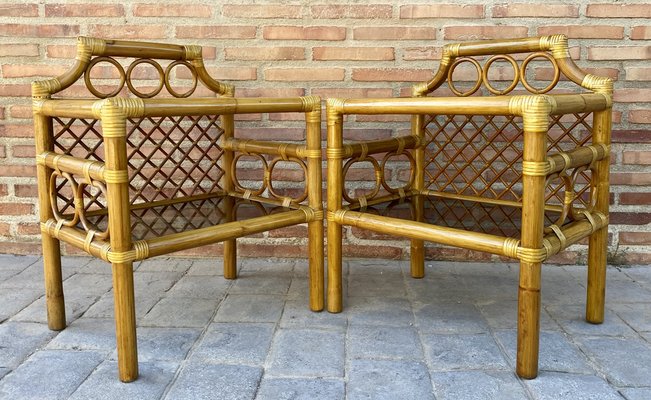 Bamboo & Rattan Nightstands with Low Glass Shelves, Italy, 1960s, Set of 2-NOU-1275385