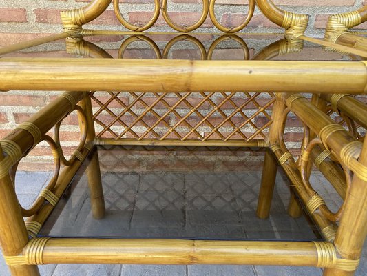 Bamboo & Rattan Nightstands with Low Glass Shelves, Italy, 1960s, Set of 2-NOU-1275385