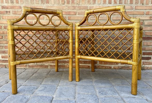 Bamboo & Rattan Nightstands with Low Glass Shelves, Italy, 1960s, Set of 2-NOU-1275385