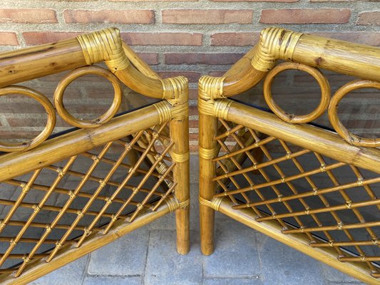 Bamboo & Rattan Nightstands with Low Glass Shelves, Italy, 1960s, Set of 2-NOU-1275385