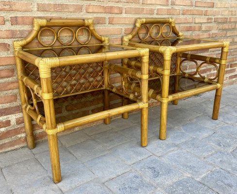 Bamboo & Rattan Nightstands with Low Glass Shelves, Italy, 1960s, Set of 2-NOU-1275385